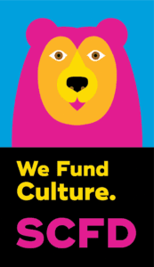 A colorful bear with yellow eyes and a blue background with yellow text that reads "we fund culture" and pink text that reads "SCFD."