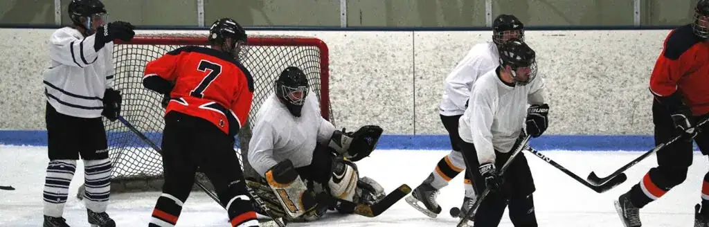 a group of hockey players on ice
