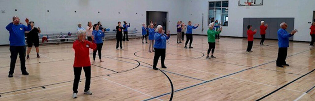 A group of seniors participating in a group exercise class in a spacious indoor gymnasium with a basketball hoop in the background