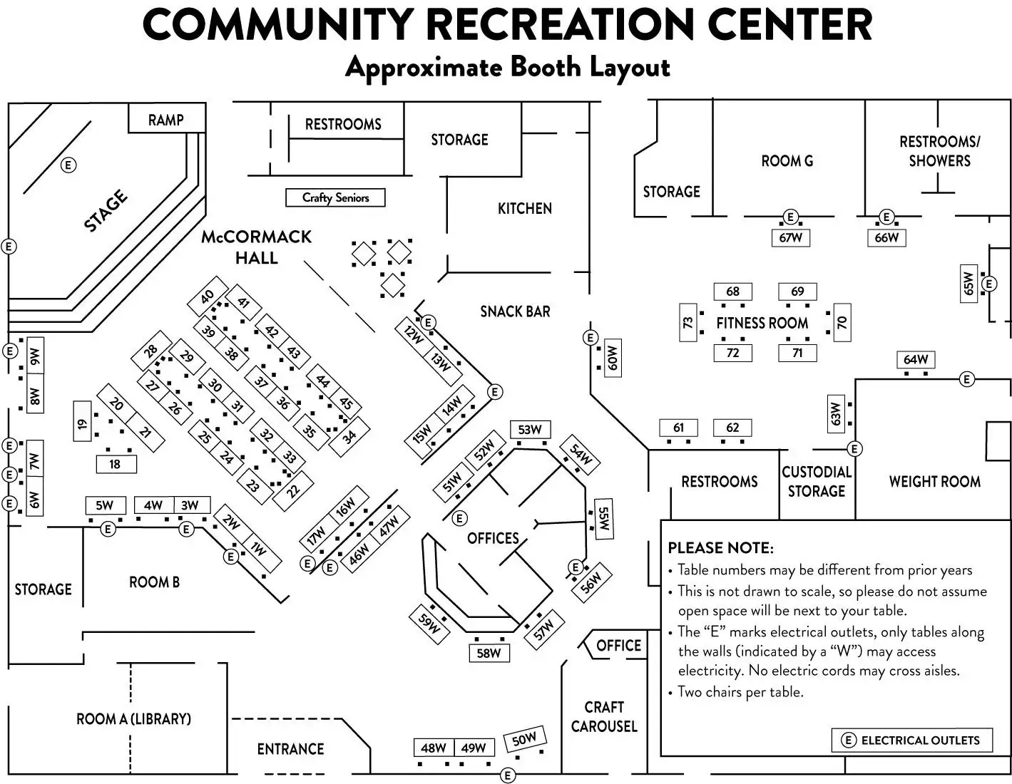 Floor plan of the Community Recreation Center indicating room labels and booth layouts. Note mentions electrical outlet locations and table restrictions.