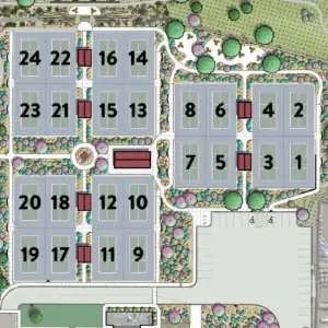 Illustrated layout of a pickleball facility with 24 numbered courts, landscaped areas, parking, and pathways.