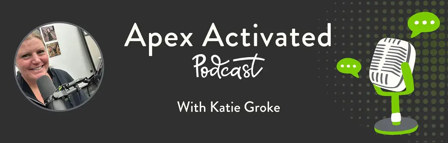 The words "Apex Activated Podcast" on a black background and a cartoon microphone.