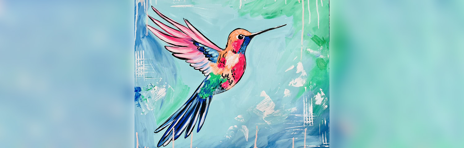 Colorful painting of a hummingbird with pink, blue, and green feathers flying against a textured turquoise background.