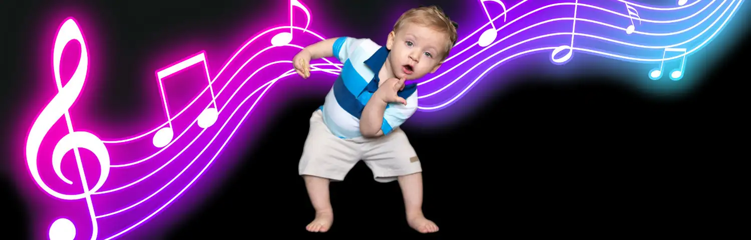 A young child on a black background with glowing musical notes.