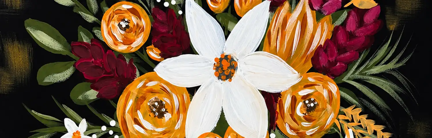 Colorful painting of a floral bouquet with white, orange, and burgundy flowers and green leaves on a black background.