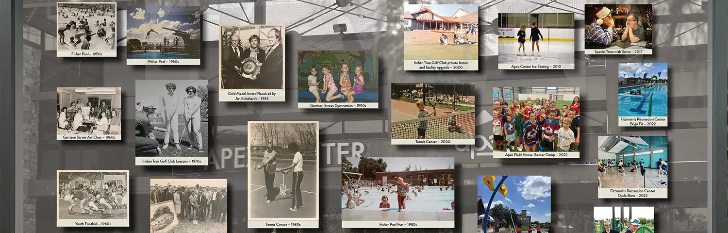 Historical wall collage featuring sports, recreation programs and Apex Center facilities from the 1950s through 2022.